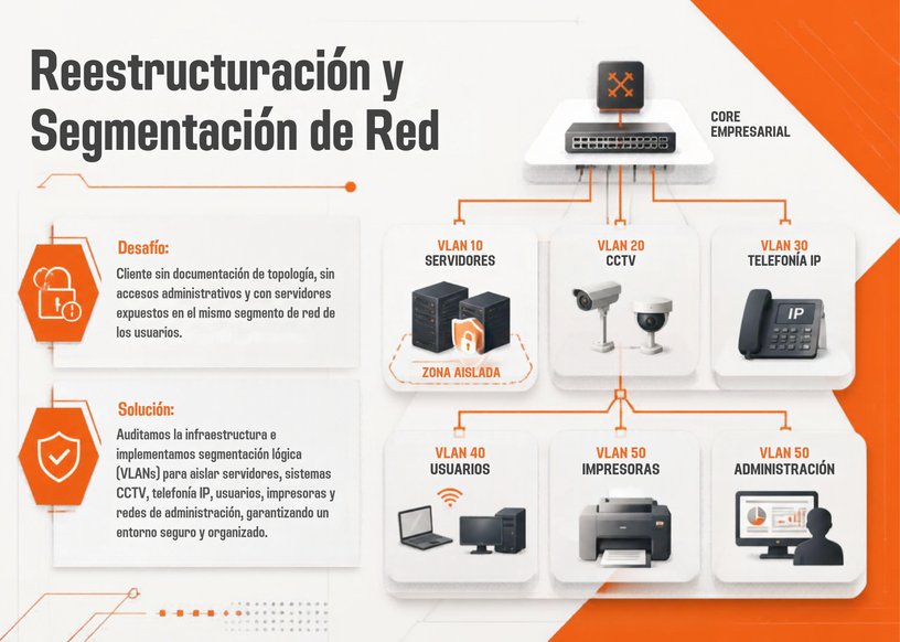 Título: Reestructuración y Segmentación de Red. Desafío: Cliente sin documentación de topología, sin accesos administrativos y con servidores expuestos en el mismo segmento de red de los usuarios. Solución: Auditamos la infraestructura e implementamos segmentación lógica (VLANs) para aislar servidores, sistemas CCTV, telefonía IP, usuarios, impresoras y redes de administración, garantizando un entorno seguro y organizado.